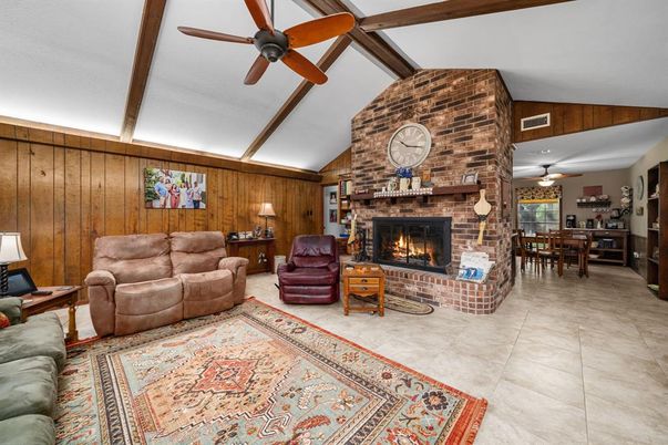 Dining room, Fireplace, Interior, Living room, Stone Walls, Wooden Beams, Wooden Walls