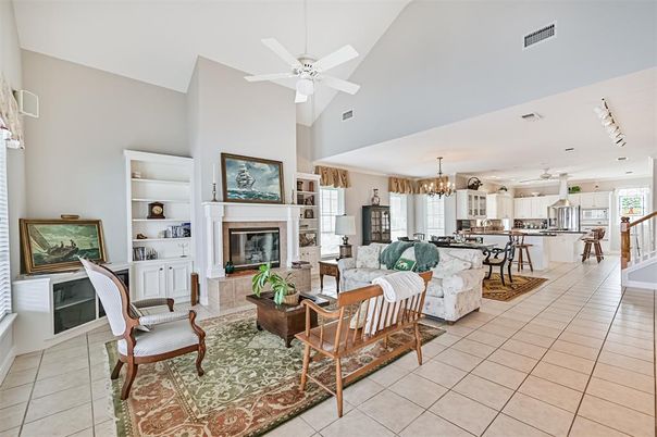 Chandelier, Dining room, Fireplace, Interior, Kitchen, Living room, Pendant Lights