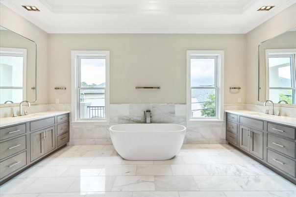 Bathroom, Dual Sink Vanities, Free Standing Baths, Interior, Marble, Marble Walls