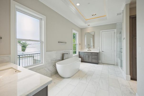 Bathroom, Dual Sink Vanities, Free Standing Baths, Interior, Marble, Marble Walls, Recessed Lighting