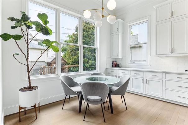 Dining room, Interior, Pendant Lights, Wood Texture Flooring