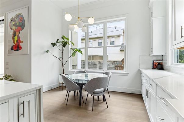Dining room, Interior, Pendant Lights, Wood Texture Flooring