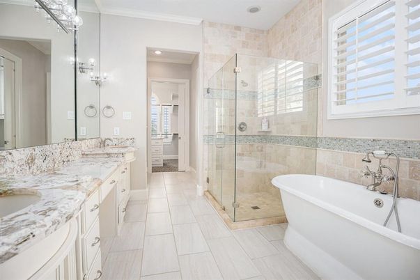 Bathroom, Dual Sink Vanities, Free Standing Baths, Glass Shower, Interior, Recessed Lighting