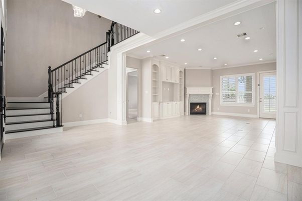 Fireplace, Interior, Recessed Lighting, Wood Texture Flooring