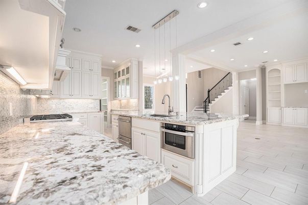 Interior, Kitchen, Pendant Lights, Recessed Lighting, Stainless Steel Appliances, Wood Texture Flooring