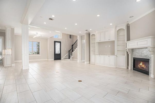 Empty room, Fireplace, Interior, Recessed Lighting, Wood Texture Flooring
