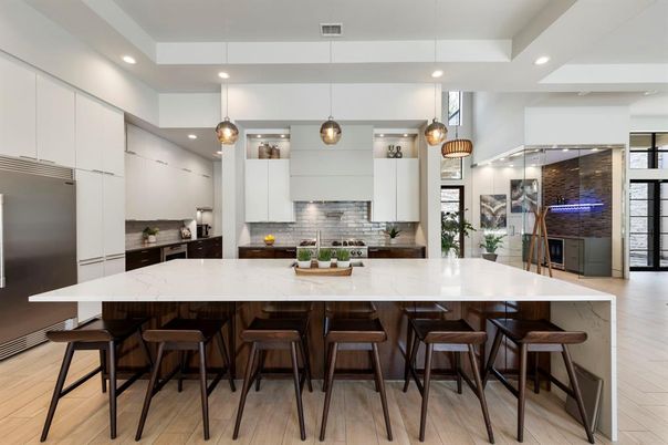 Interior, Kitchen, Pendant Lights, Recessed Lighting, Stainless Steel Appliances, Wood Texture Flooring