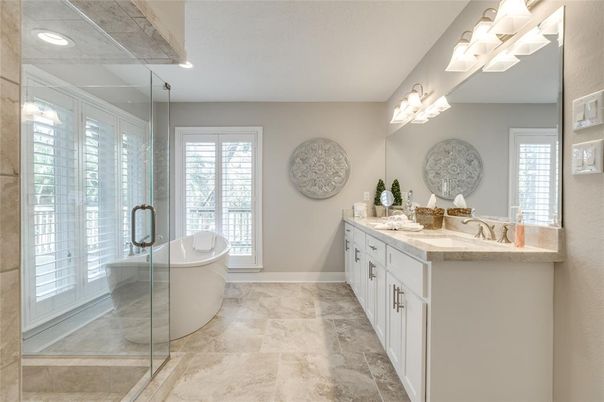 Bathroom, Dual Sink Vanities, Free Standing Baths, Glass Shower, Interior, Recessed Lighting