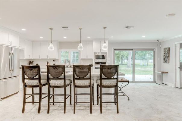 Interior, Kitchen, Marble, Pendant Lights, Recessed Lighting, Stainless Steel Appliances