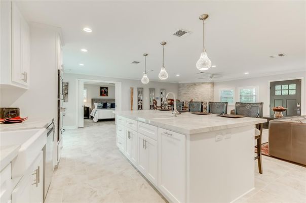 Interior, Kitchen, Living room, Pendant Lights, Recessed Lighting, Stone Walls