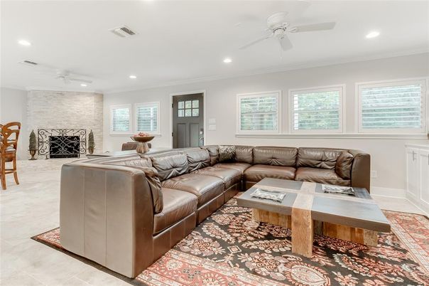 Fireplace, Interior, Living room, Recessed Lighting, Stone Walls