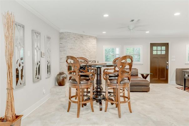 Dining room, Interior, Recessed Lighting, Stone Walls