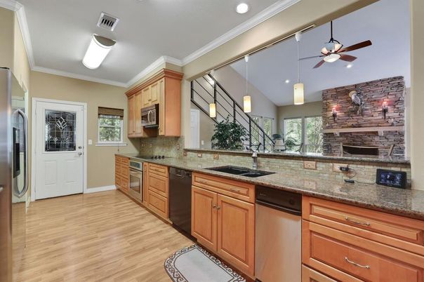 Interior, Kitchen, Pendant Lights, Recessed Lighting, Stone Walls, Wood Texture Flooring