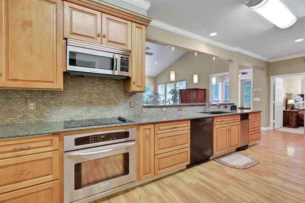Interior, Kitchen, Pendant Lights, Recessed Lighting, Stainless Steel Appliances, Wood Texture Flooring