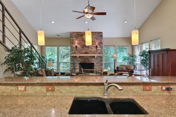 Fireplace, Interior, Pendant Lights, Recessed Lighting, Stone Walls