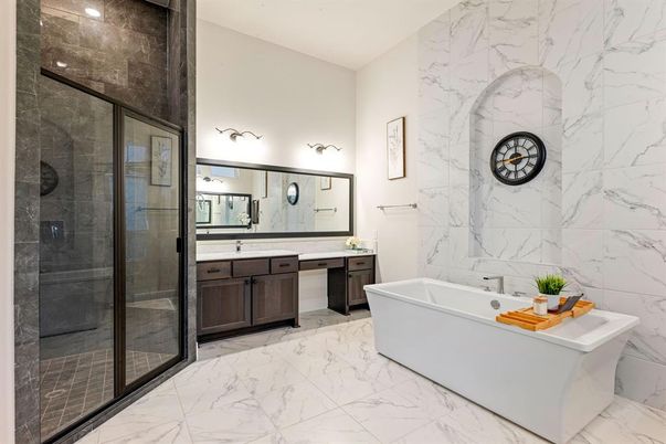 Bathroom, Dual Sink Vanities, Free Standing Baths, Glass Shower, Interior, Marble, Marble Walls