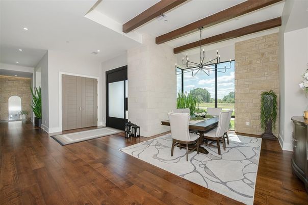 Dining room, Interior, Pendant Lights, Recessed Lighting, Stone Walls, Wooden Beams, Wood Texture Flooring