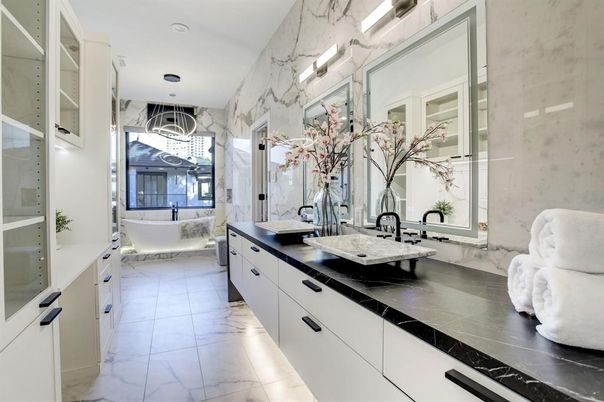 Bathroom, Dual Sink Vanities, Free Standing Baths, Interior, Marble, Marble Walls, Recessed Lighting