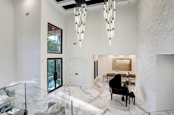 Dining room, Interior, Marble, Pendant Lights