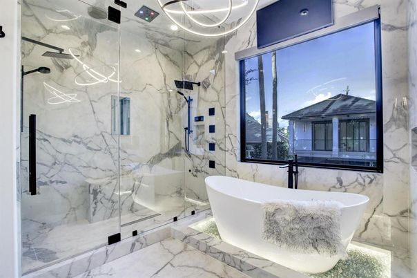 Bathroom, Free Standing Baths, Glass Shower, Interior, Marble, Marble Walls, Recessed Lighting