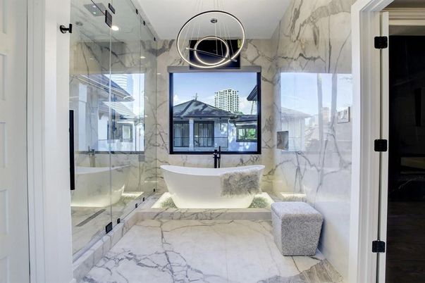 Bathroom, Free Standing Baths, Glass Shower, Interior, Marble, Marble Walls, Pendant Lights