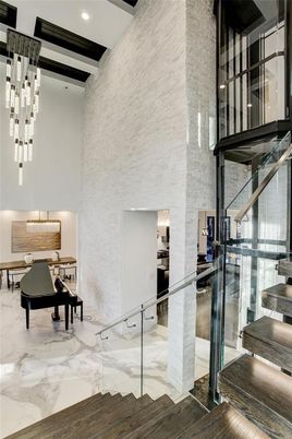 Fireplace, Interior, Marble, Pendant Lights, Recessed Lighting, Stone Walls, Wooden Beams