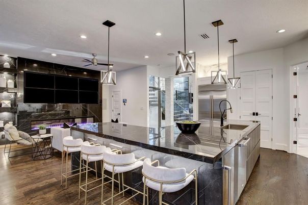Interior, Kitchen, Living room, Pendant Lights, Recessed Lighting, Stainless Steel Appliances, Wood Texture Flooring