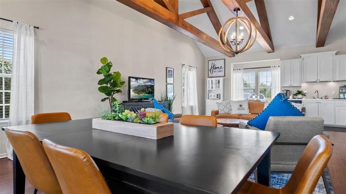 Dining room, Interior, Kitchen, Living room, Pendant Lights, Recessed Lighting, Wooden Beams, Wood Texture Flooring