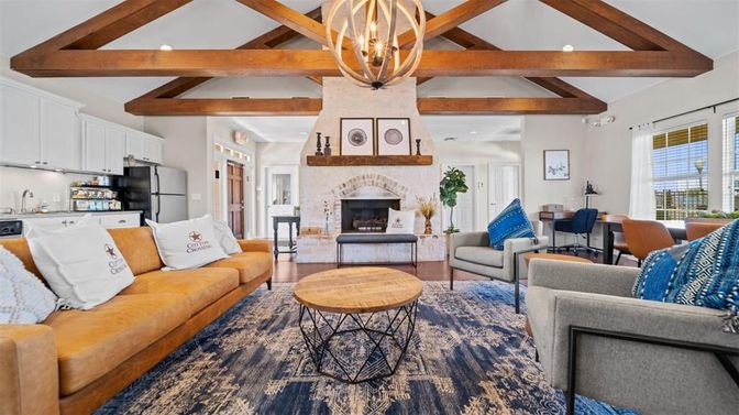 Chandelier, Dining room, Fireplace, Interior, Living room, Recessed Lighting, Wooden Beams