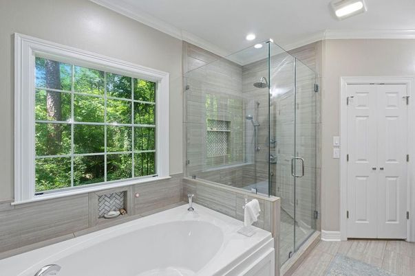 Bathroom, Glass Shower, Interior, Recessed Lighting, Wood Texture Flooring