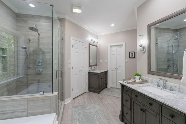 Bathroom, Dual Sink Vanities, Glass Shower, Interior, Recessed Lighting, Wood Texture Flooring