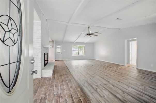 Empty room, Fireplace, Interior, Stone Walls, Wood Texture Flooring