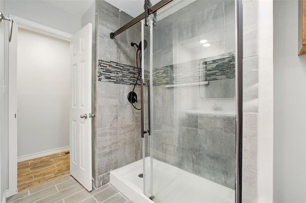 Bathroom, Glass Shower, Interior, Recessed Lighting, Wood Texture Flooring