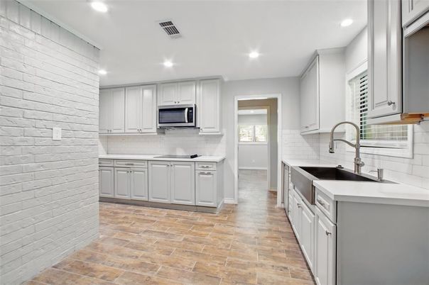 Interior, Kitchen, Recessed Lighting, Stone Walls, Wood Texture Flooring
