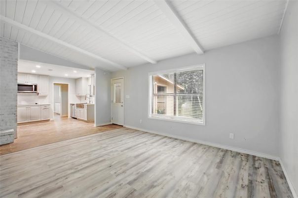 Empty room, Interior, Kitchen, Recessed Lighting, Wood Texture Flooring