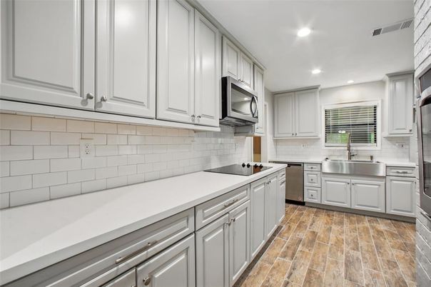 Interior, Kitchen, Recessed Lighting, Stainless Steel Appliances, Wood Texture Flooring
