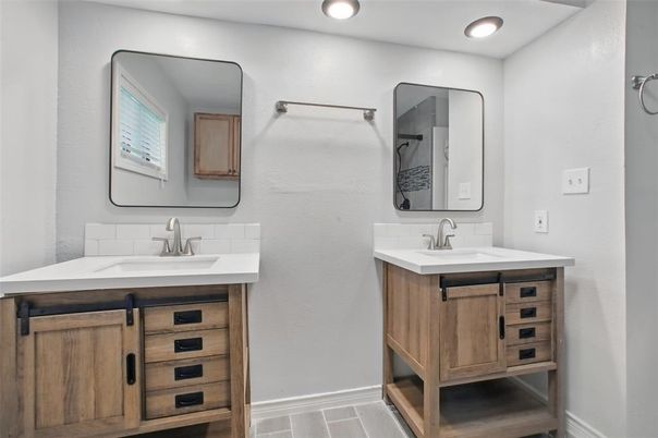 Bathroom, Dual Sink Vanities, Interior, Recessed Lighting, Wood Texture Flooring