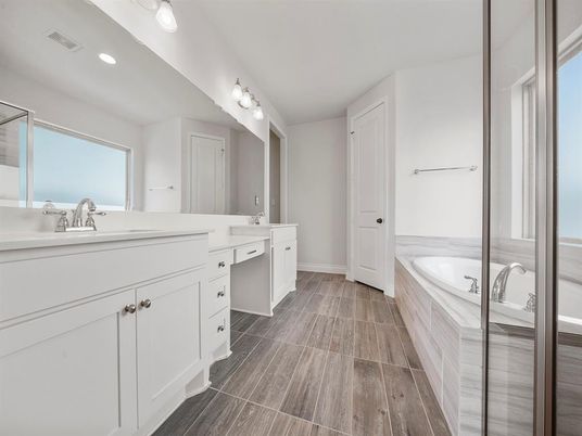 Bathroom, Dual Sink Vanities, Interior, Recessed Lighting, Wood Texture Flooring