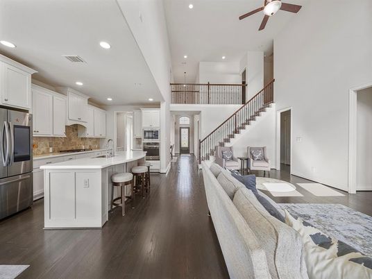 Interior, Kitchen, Living room, Recessed Lighting, Stainless Steel Appliances, Wood Texture Flooring