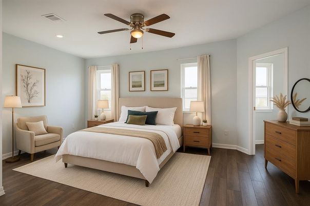 Bedroom, Interior, Recessed Lighting, Wood Texture Flooring
