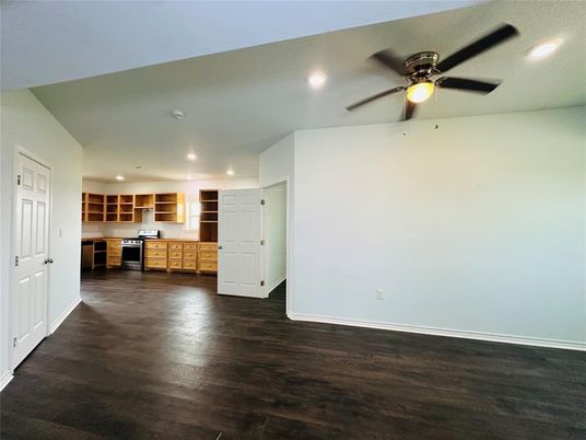 Empty room, Interior, Kitchen, Recessed Lighting, Wood Texture Flooring