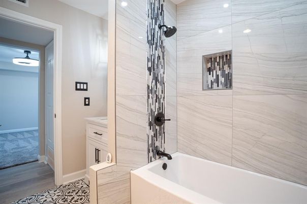 Bathroom, Interior, Marble Walls, Wood Texture Flooring