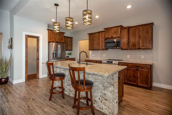 Interior, Kitchen, Pendant Lights, Recessed Lighting, Stainless Steel Appliances, Wood Texture Flooring