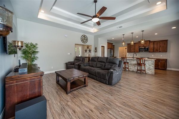 Interior, Kitchen, Living room, Pendant Lights, Recessed Lighting, Wood Texture Flooring