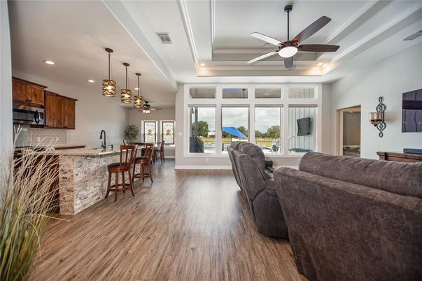 Interior, Kitchen, Living room, Pendant Lights, Recessed Lighting, Wood Texture Flooring