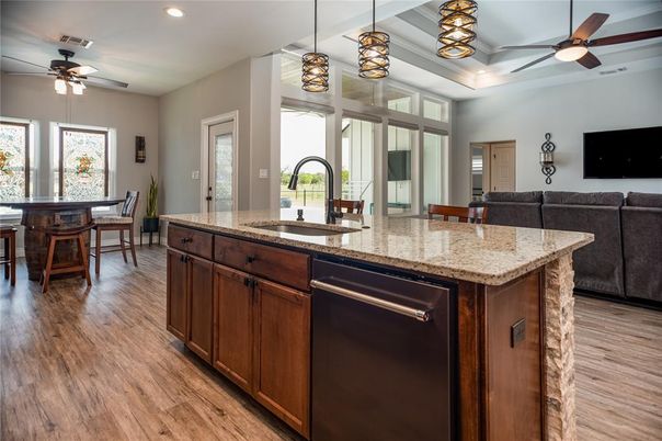 Dining room, Interior, Kitchen, Pendant Lights, Recessed Lighting, Wood Texture Flooring