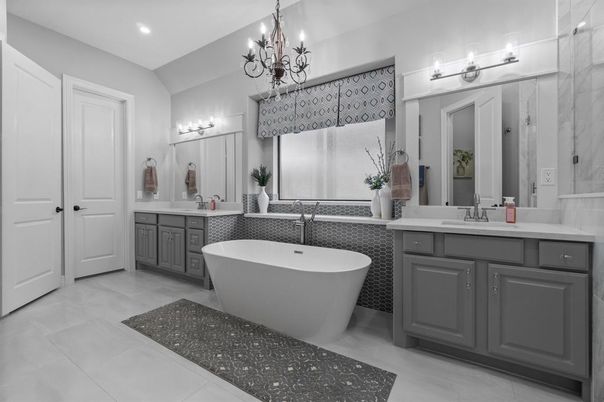 Bathroom, Chandelier, Dual Sink Vanities, Free Standing Baths, Interior, Recessed Lighting