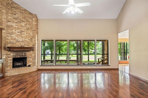 Empty room, Fireplace, Interior, Stone Walls, Wood Texture Flooring
