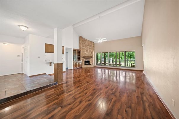 Empty room, Fireplace, Interior, Stone Walls, Wood Texture Flooring