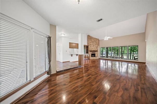 Empty room, Fireplace, Interior, Stone Walls, Wood Texture Flooring